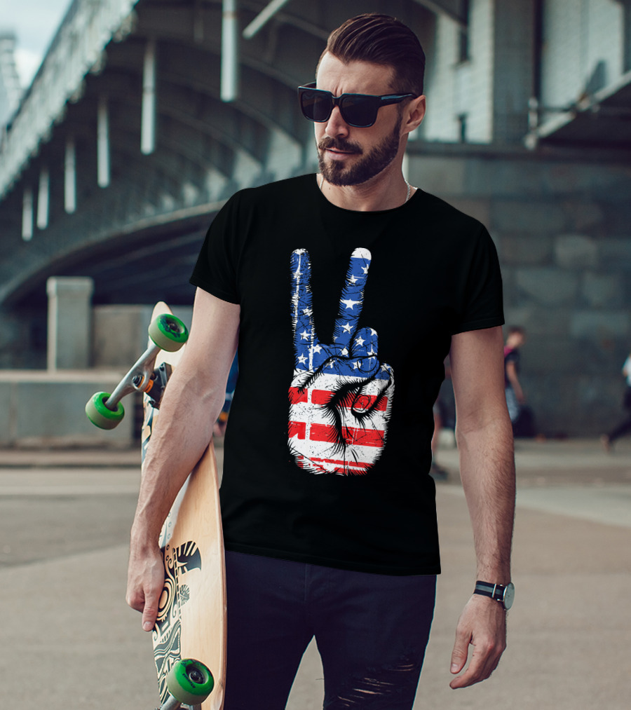 American Flag Peace Sign Hand Gesture T-Shirt