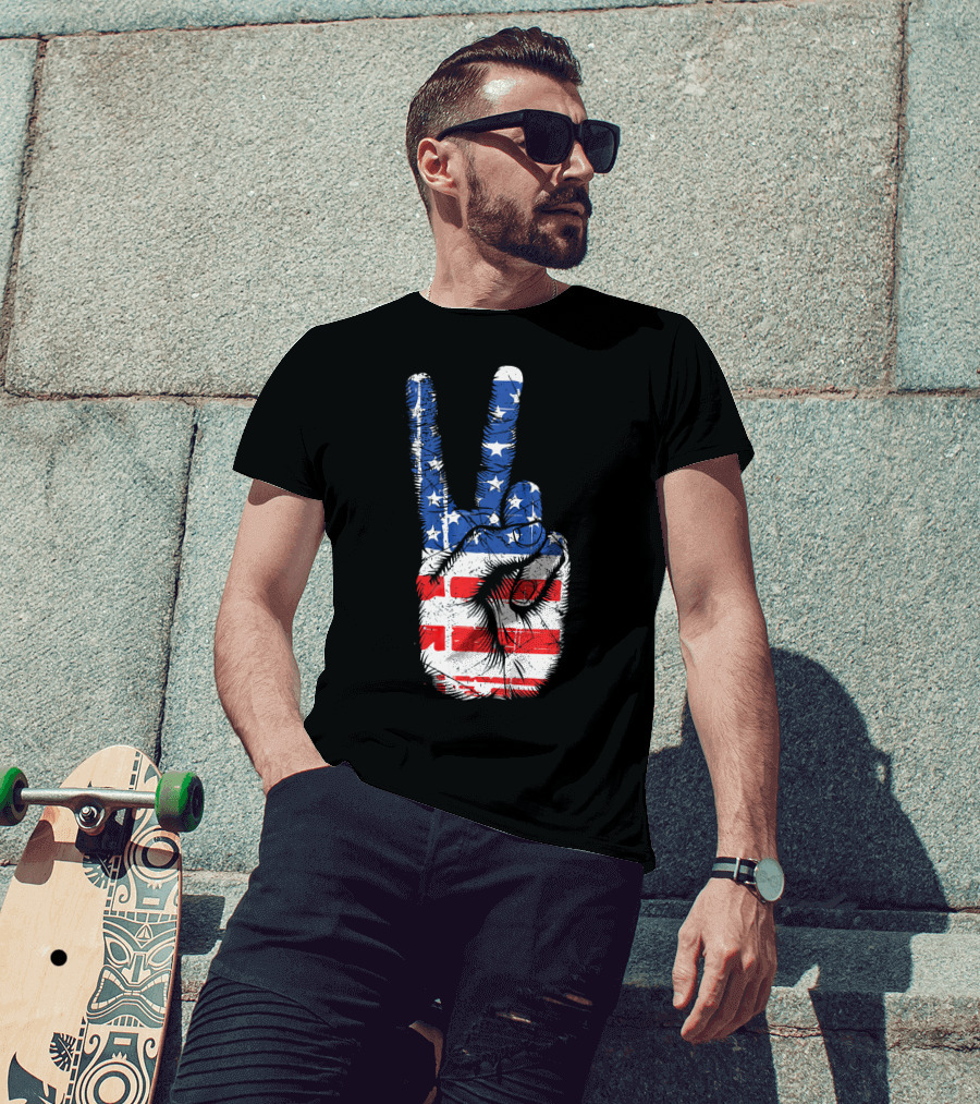 American Flag Peace Sign Hand Gesture T-Shirt