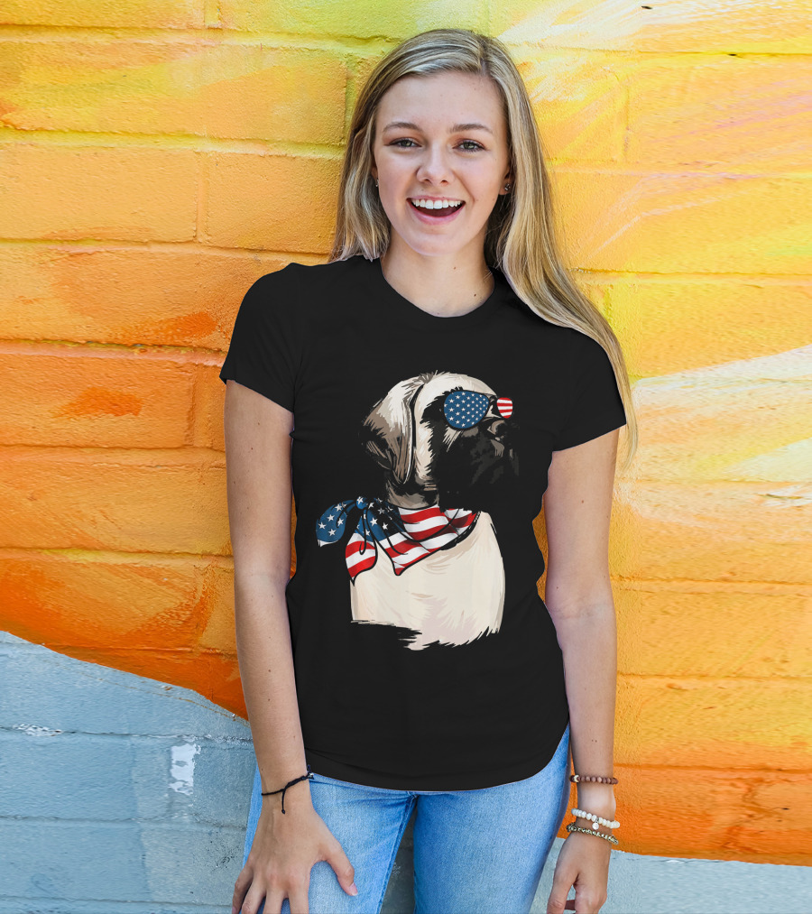 American Flag English Mastiff With Patriotic Stars And Stripes Sunglasses And Scarf T-Shirt