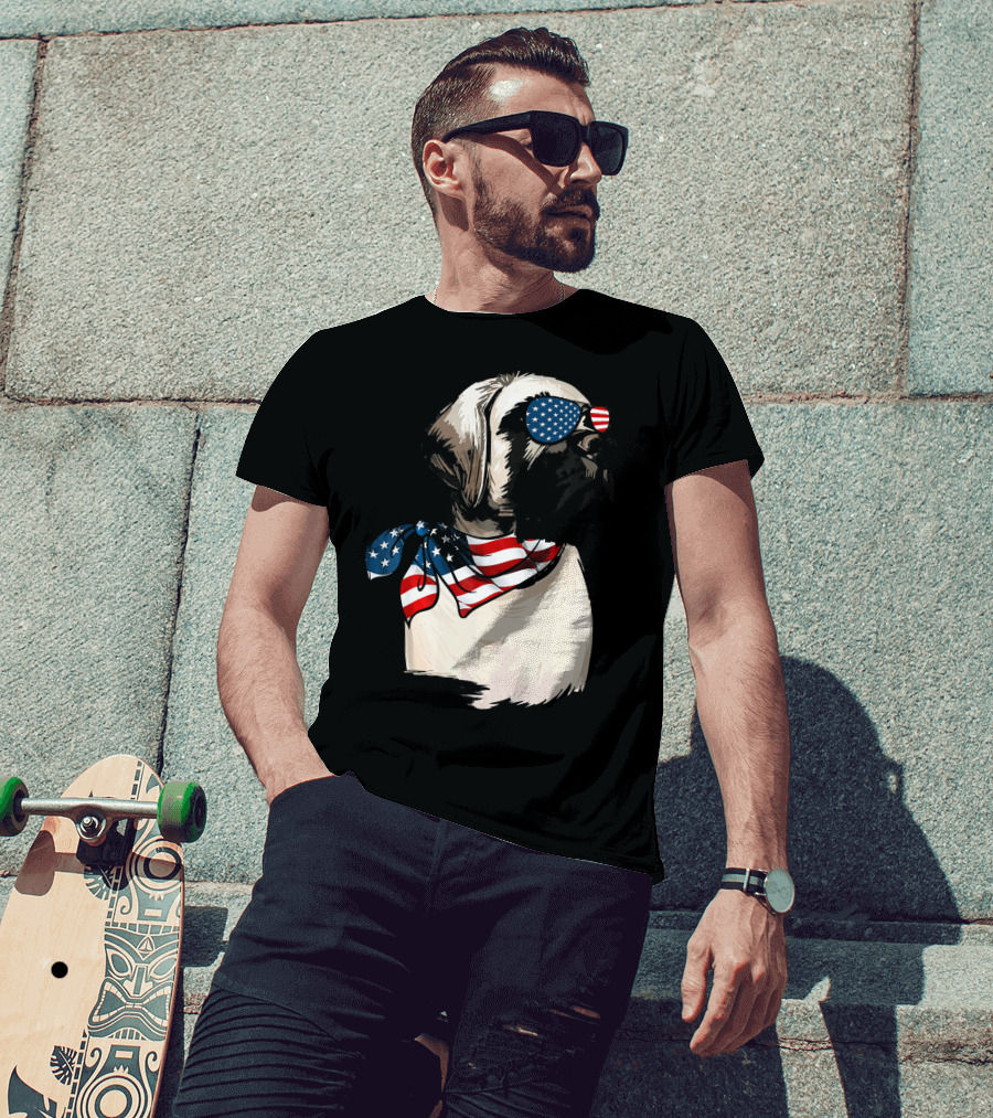 American Flag English Mastiff With Patriotic Stars And Stripes Sunglasses And Scarf T-Shirt