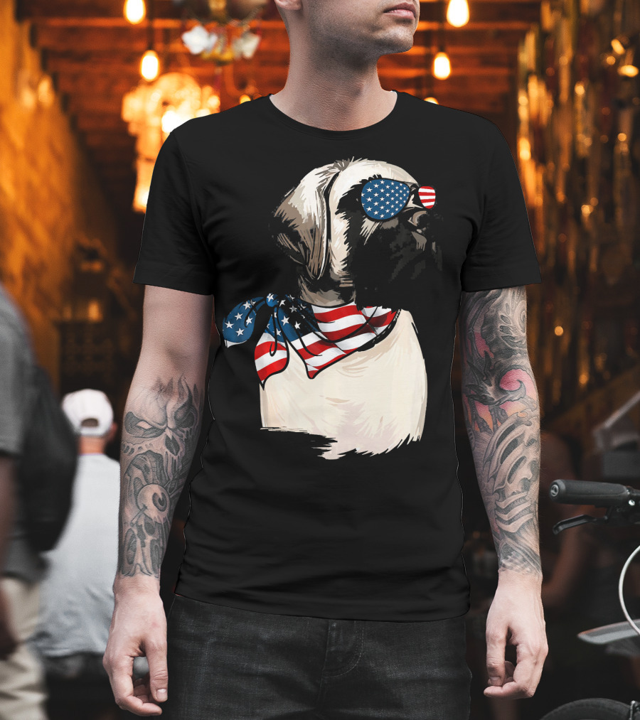 American Flag English Mastiff With Patriotic Stars And Stripes Sunglasses And Scarf T-Shirt