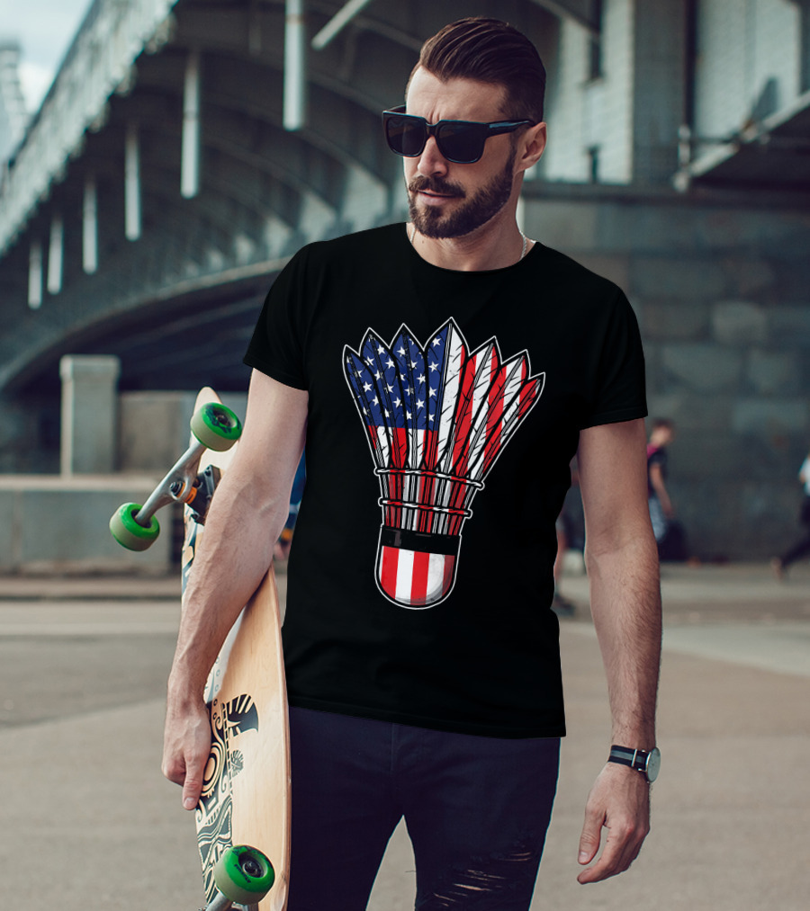Funny Badminton Shuttlecock American Flag Patriot Player Love T-Shirt