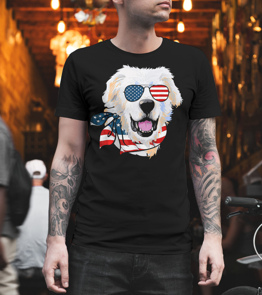 American Flag Great Pyrenees Dog with Patriotic Sunglasses and Bandana T-Shirt