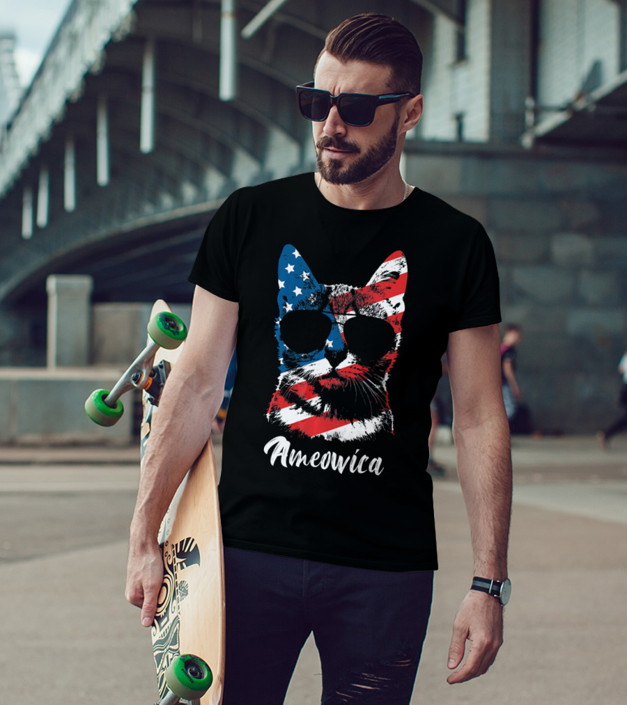 Ameowica Funny Cat Lover Patriotic Stars And Stripes Sunglasses T-Shirt
