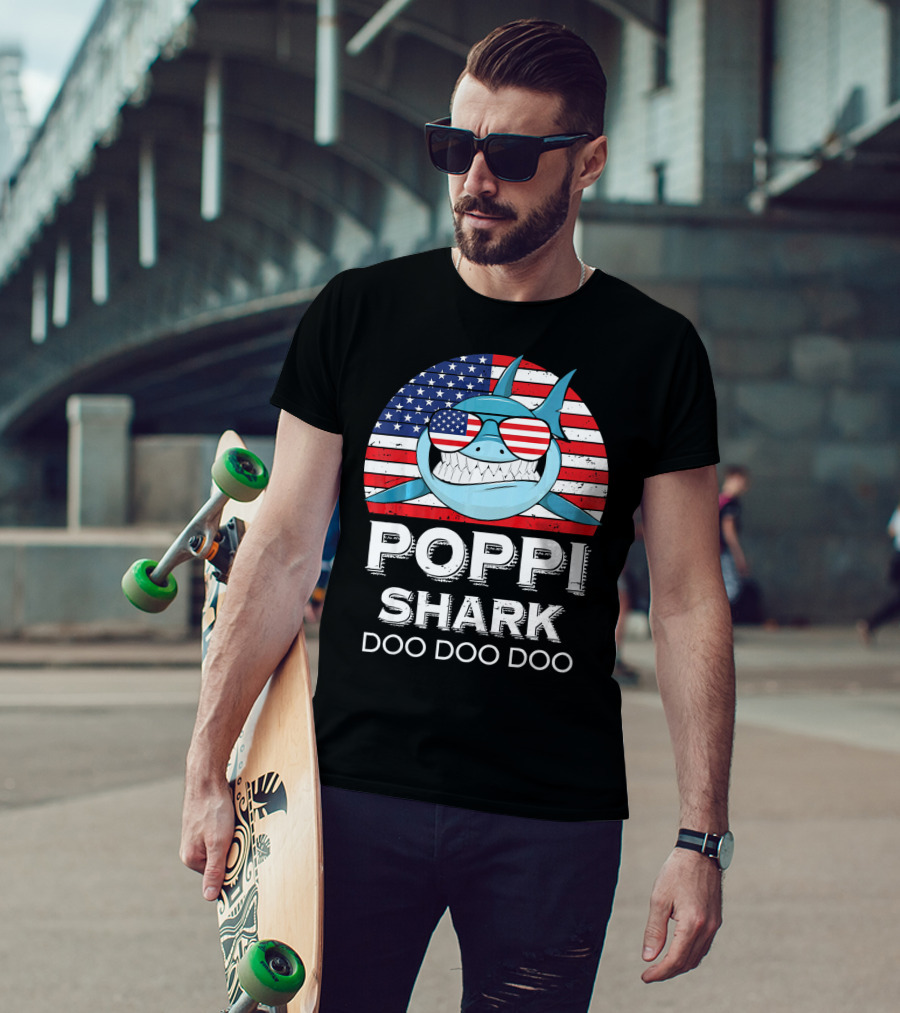 Poppi Shark Doo Doo Doo American Flag Sunglasses T-Shirt