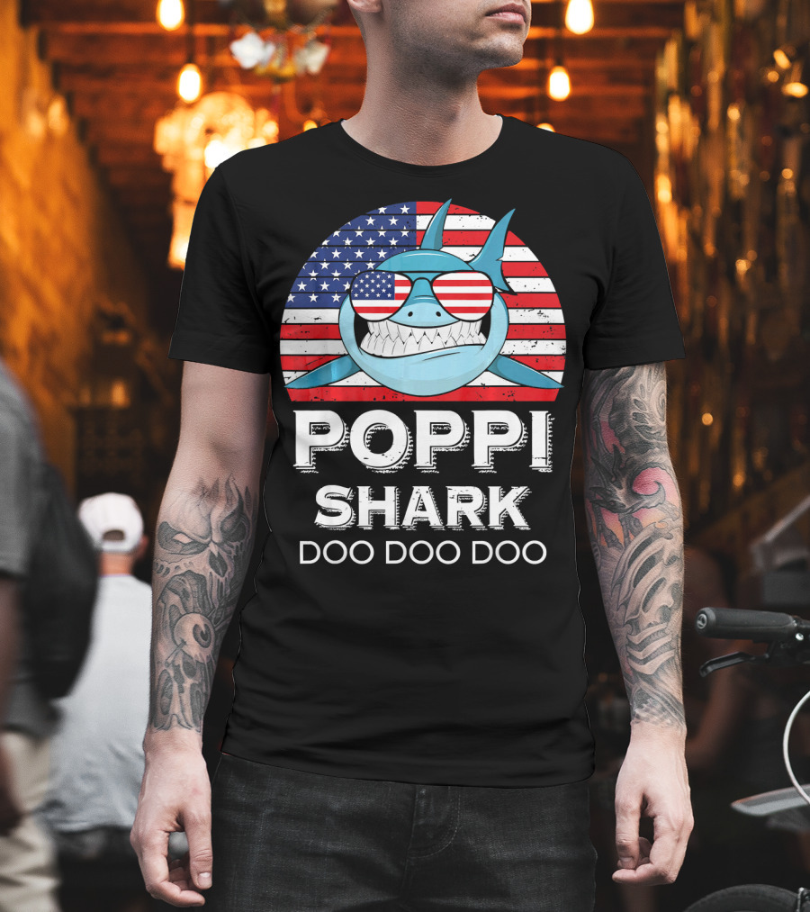 Poppi Shark Doo Doo Doo American Flag Sunglasses T-Shirt