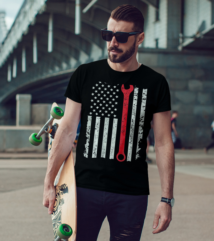 American Flag With Red Mechanic Wrench T-Shirt