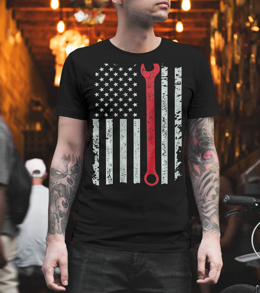 American Flag with Red Mechanic Wrench T-Shirt