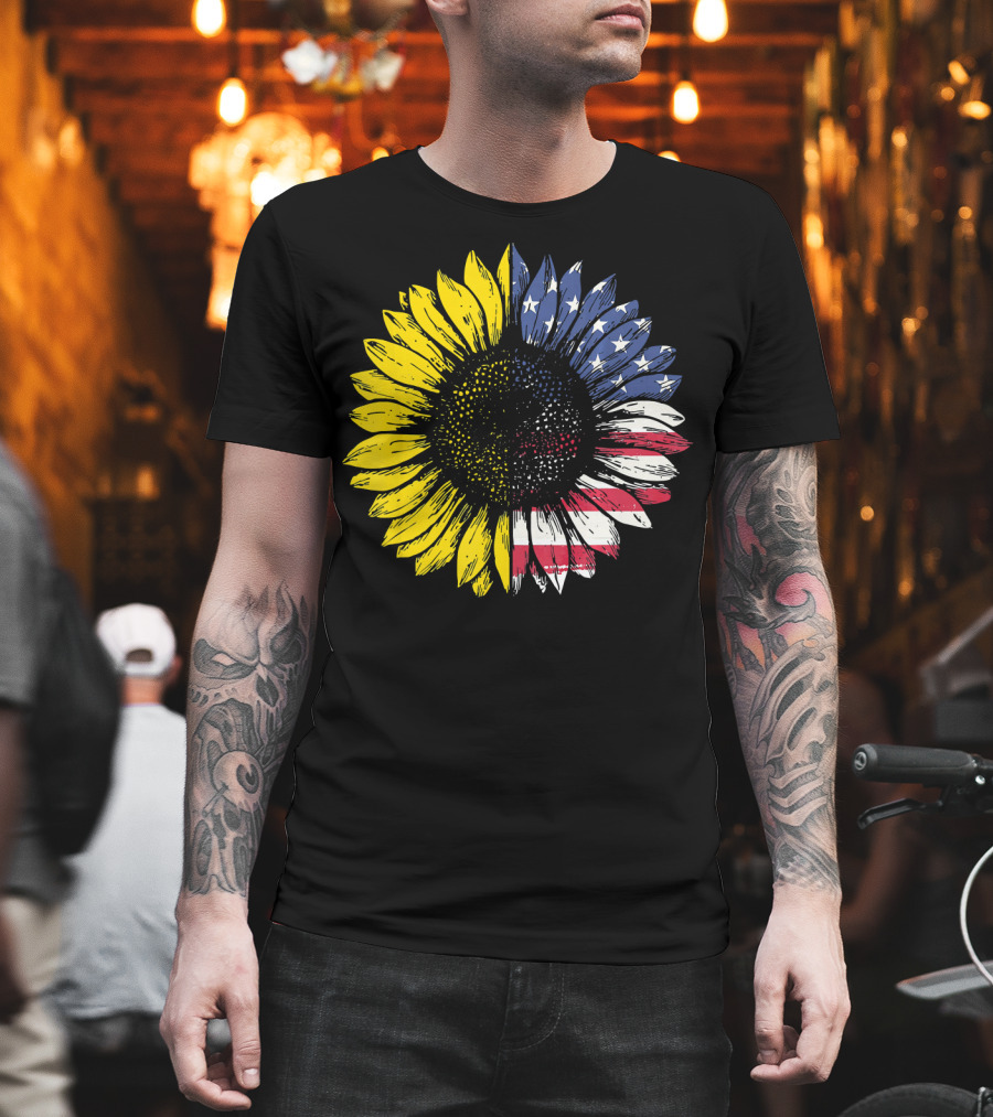 Sunflower with American Flag Stars and Stripes Patriotic T-Shirt