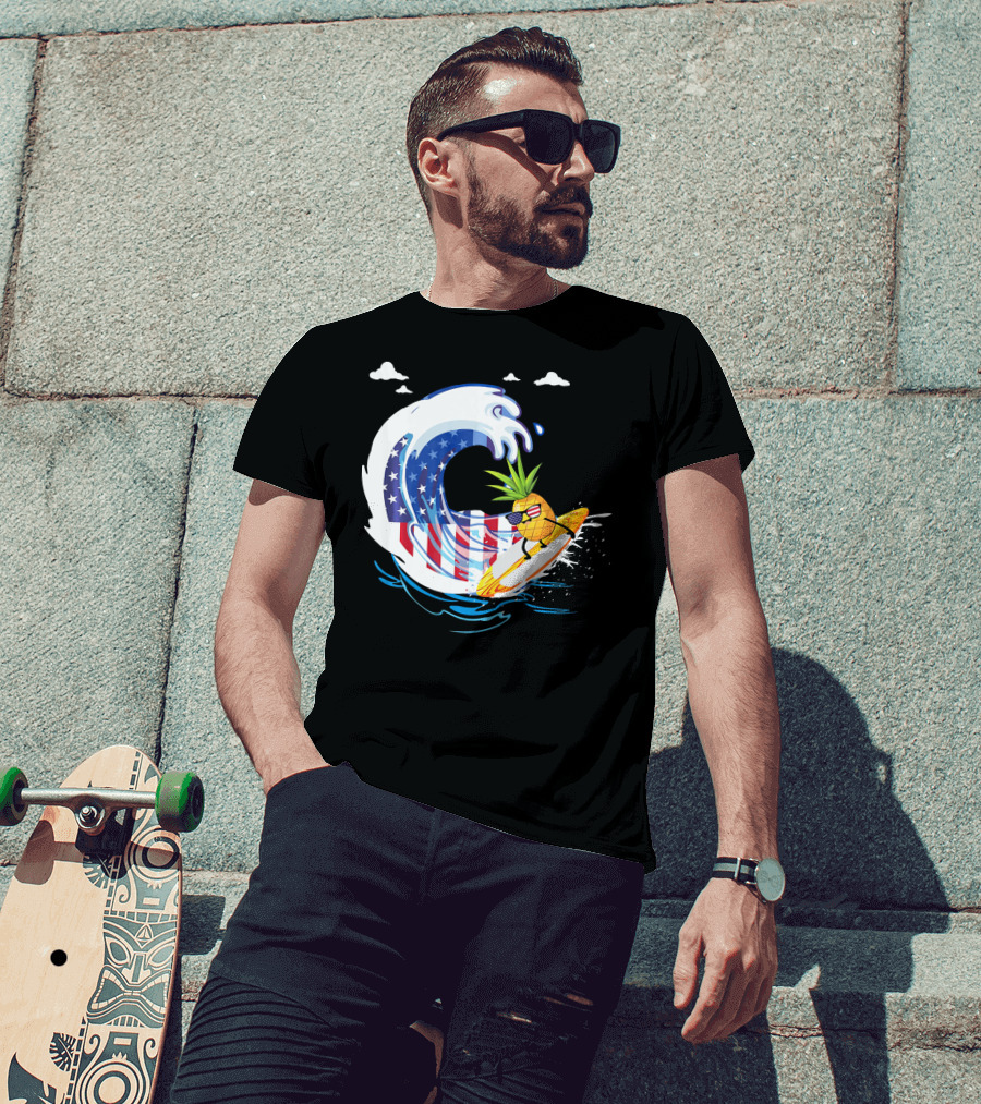 Pineapple Surfing American Flag Wave Hawaiian T-Shirt