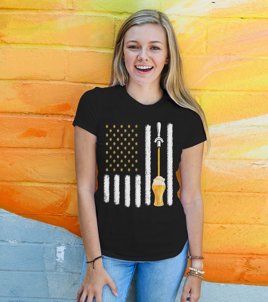 USA Flag Hops Pattern Craft Beer Tap Pouring T-Shirt