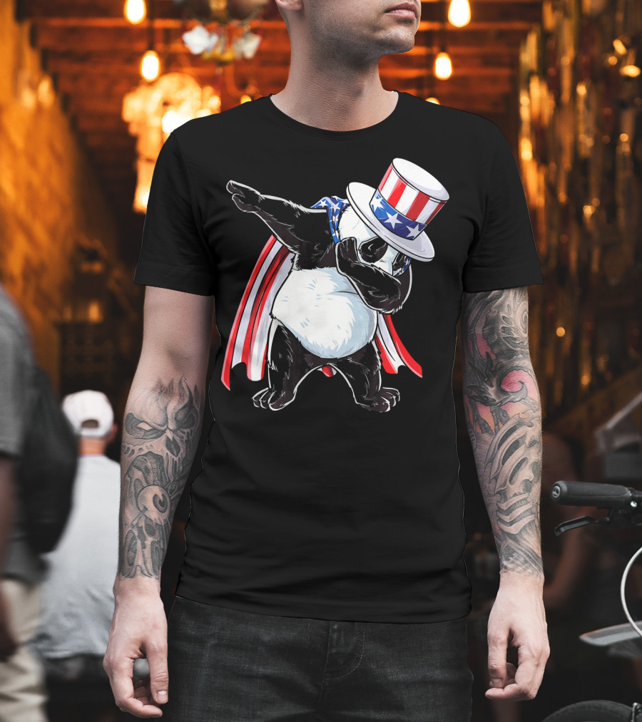 Uncle Sam Panda Dabbing with Stars and Stripes Hat and Cape T-Shirt