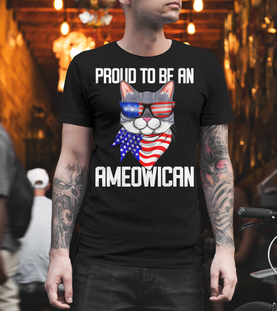 Proud To Be An Ameowican Cat With American Flag Glasses And Scarf T-Shirt