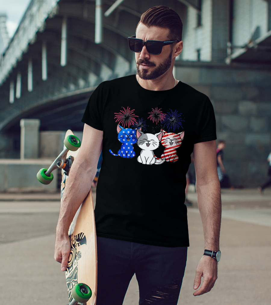 Funny Cat Fourth Of July Fireworks American Flag T-Shirt