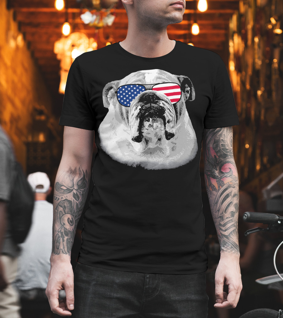 Patriotic Bulldog Dog Merica American Flag Sunglasses T-Shirt
