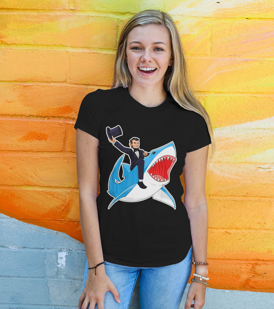 Abraham Lincoln Riding A Shark Waving Top Hat Adventure T-Shirt