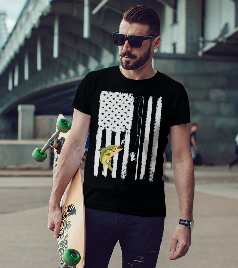 American Flag Fishing Pole With Fish USA Patriotic T-Shirt