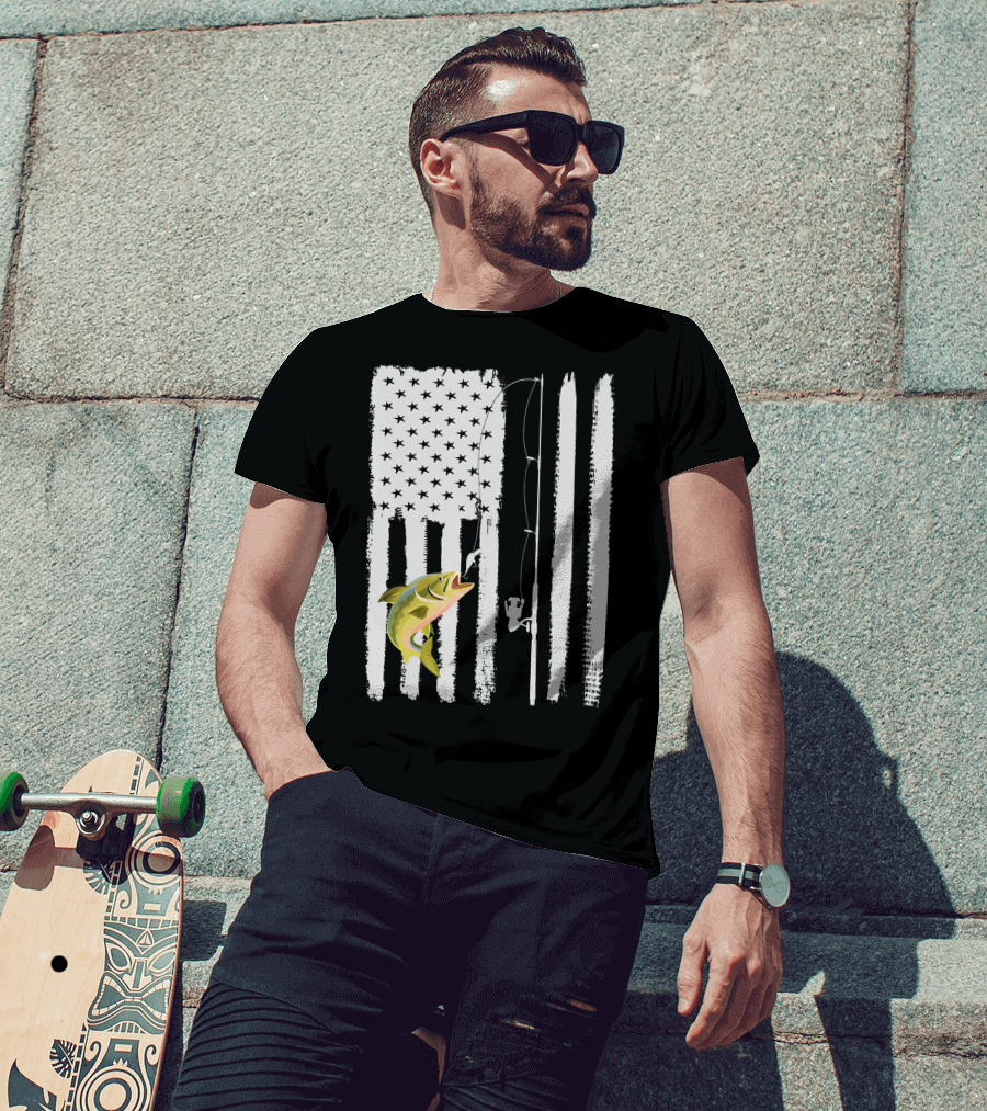 American Flag Fishing Pole With Fish USA Patriotic T-Shirt