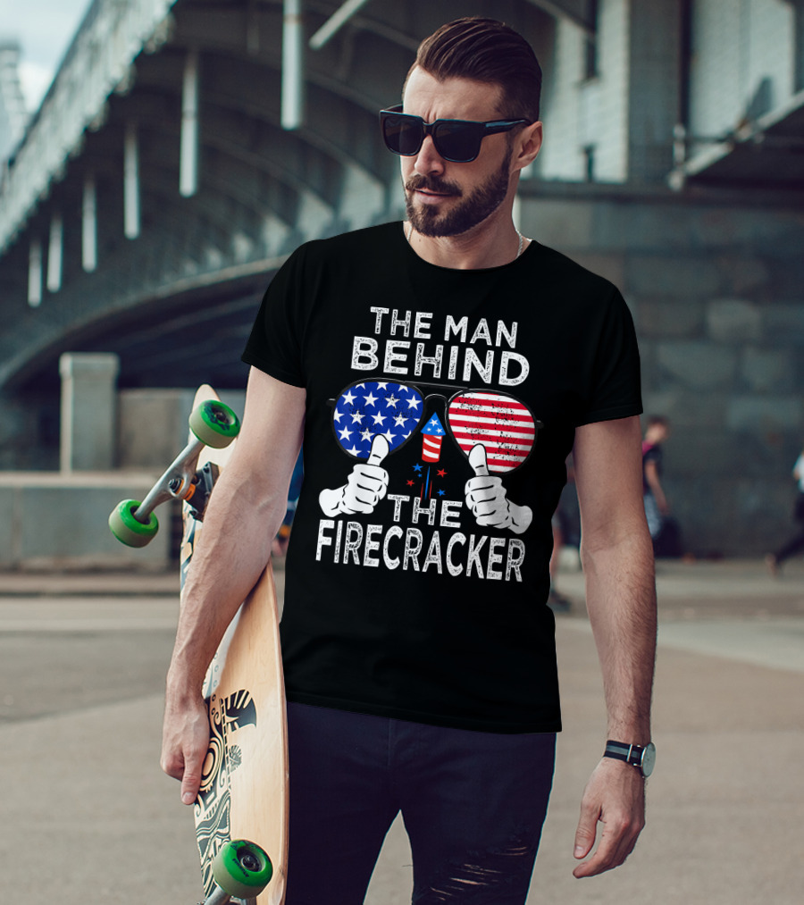 The Man Behind The Firecracker Patriotic Sunglasses Stars Stripes T-Shirt