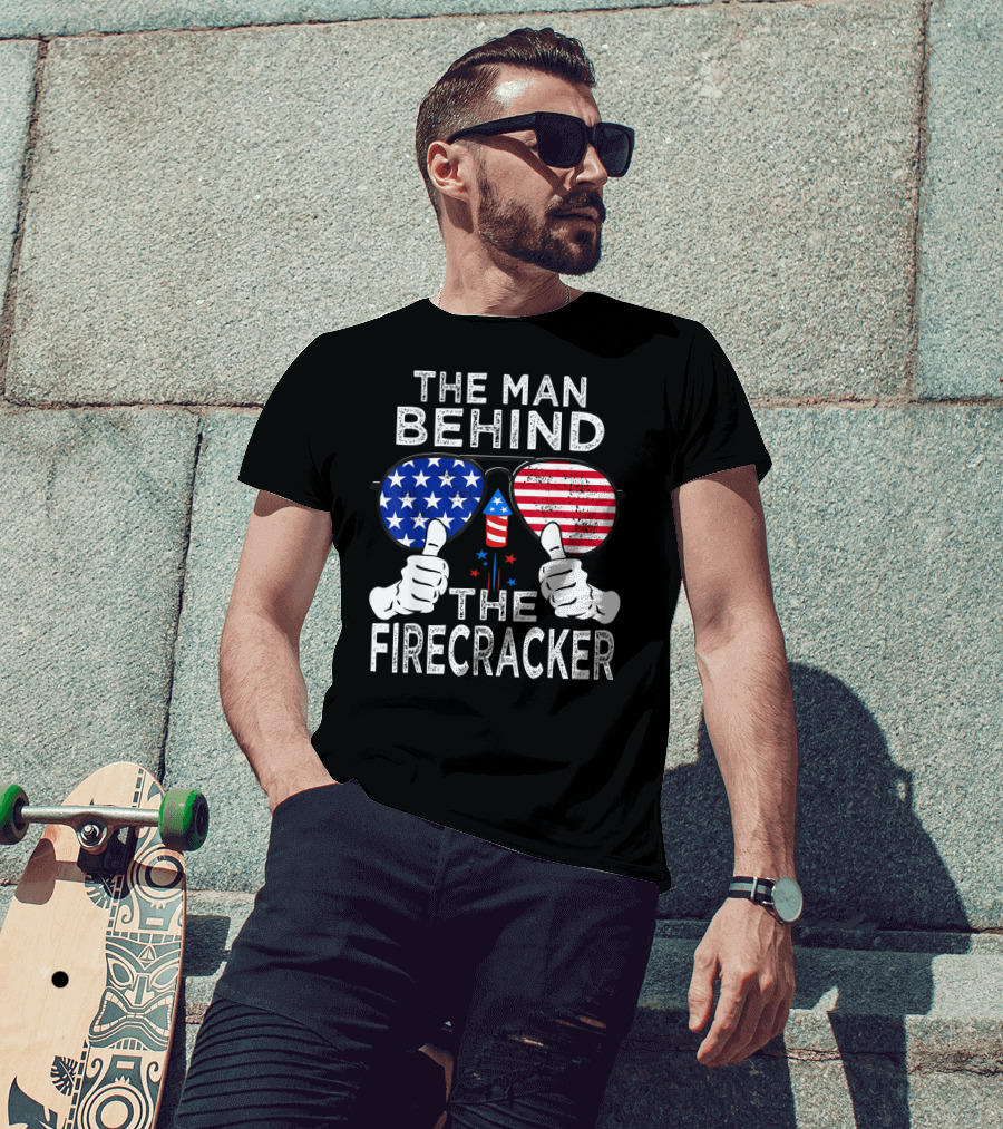 The Man Behind The Firecracker Patriotic Sunglasses Stars Stripes T-Shirt