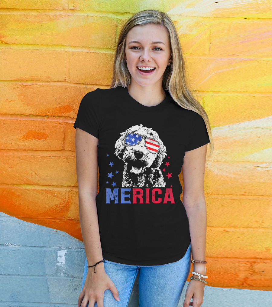 Merica Goldendoodle USA Flag Sunglasses Patriotic Stars T-Shirt