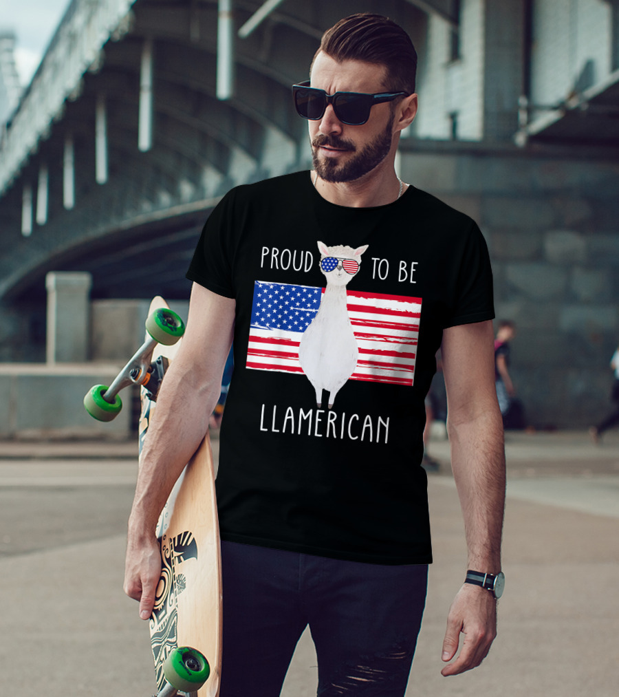 Proud To Be Llamerican Funny Llama With American Flag Sunglasses T-Shirt