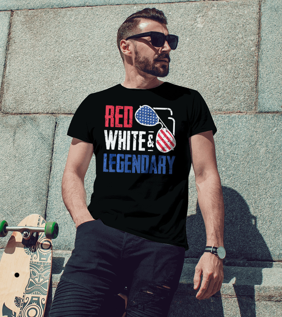 Red White And Legendary American Sunglasses USA Flag T-Shirt