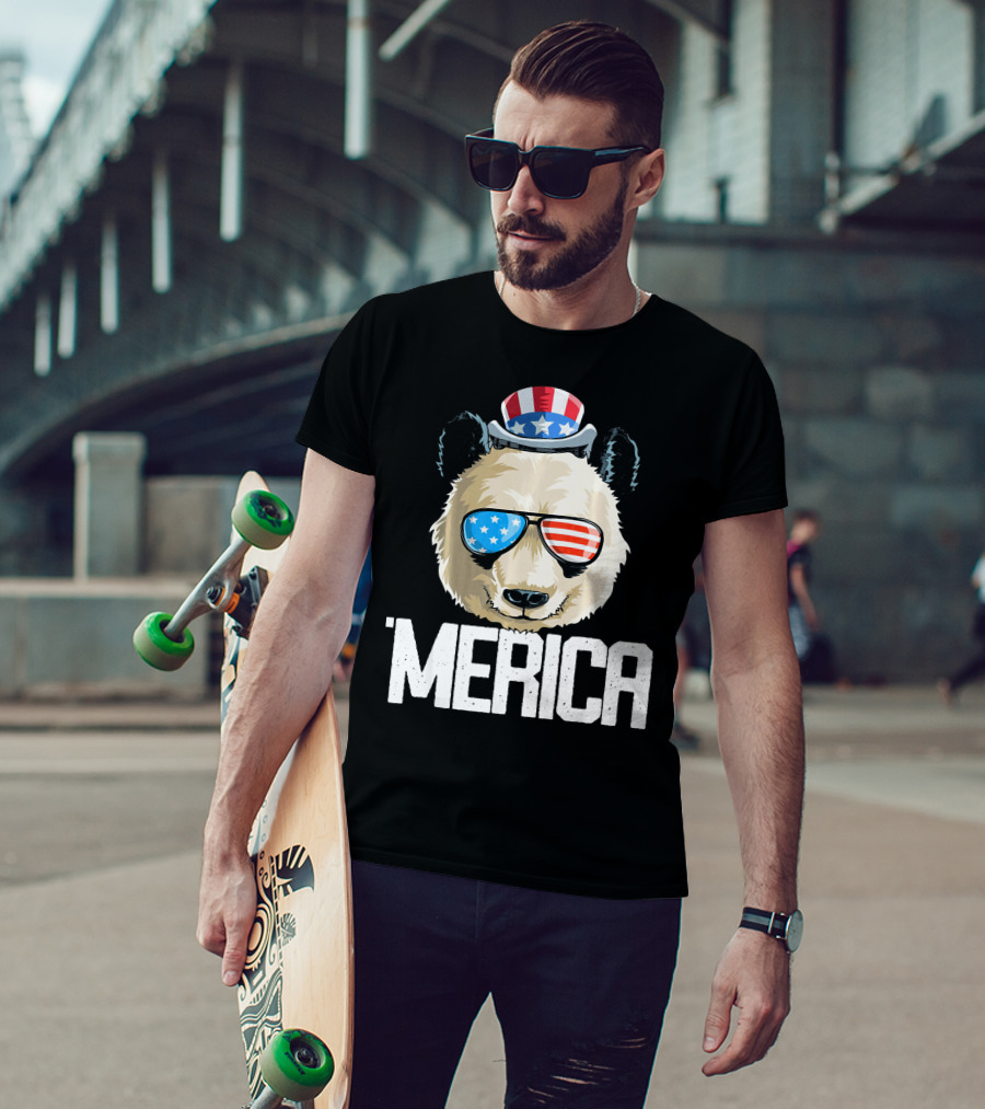 'Merica Panda With Patriotic Sunglasses And Uncle Sam Hat T-Shirt