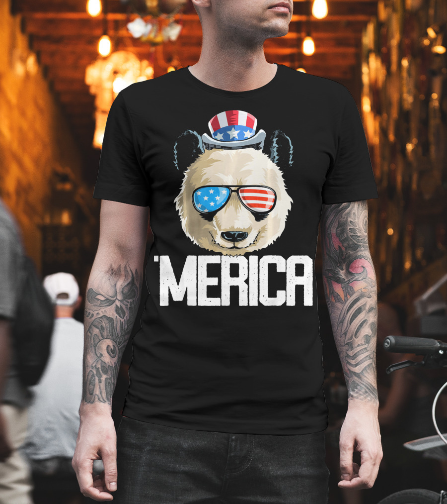 'Merica Panda With Patriotic Sunglasses And Uncle Sam Hat T-Shirt