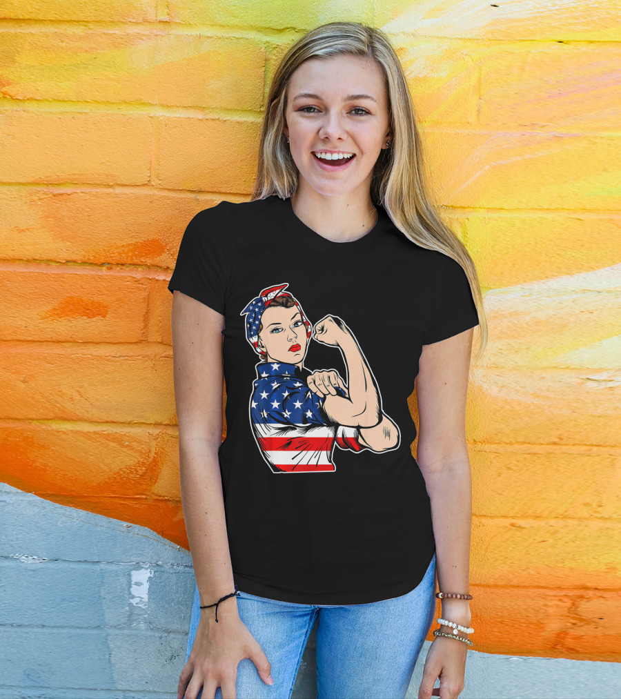 USA Flag Rosie The Riveter Bandana Feminist T-Shirt