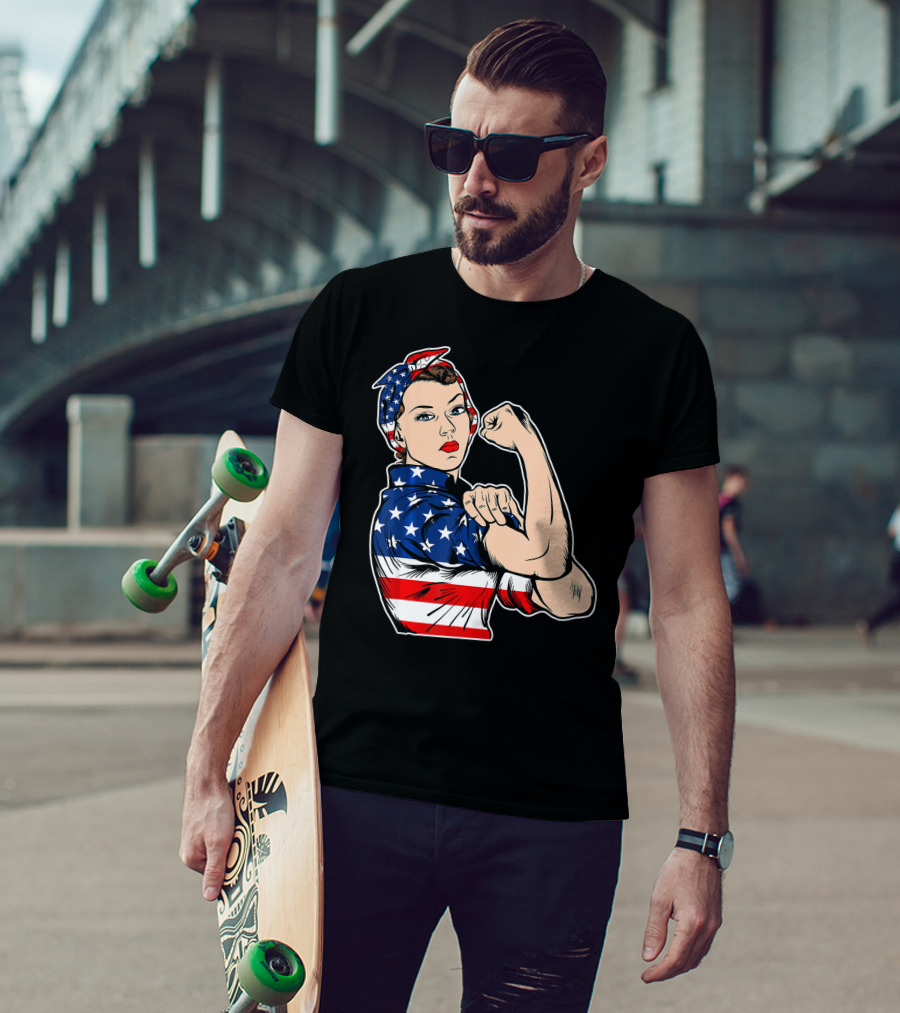 USA Flag Rosie The Riveter Bandana Feminist T-Shirt