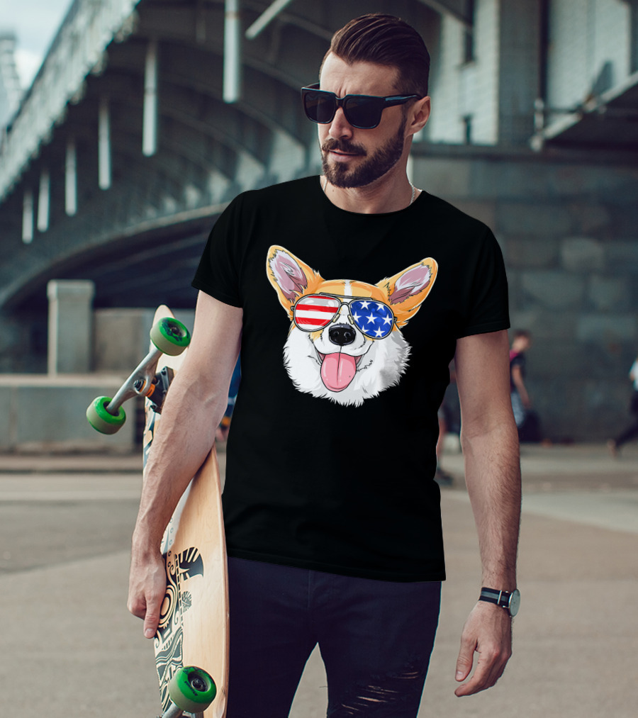 Patriotic Corgi With American Flag Sunglasses T-Shirt