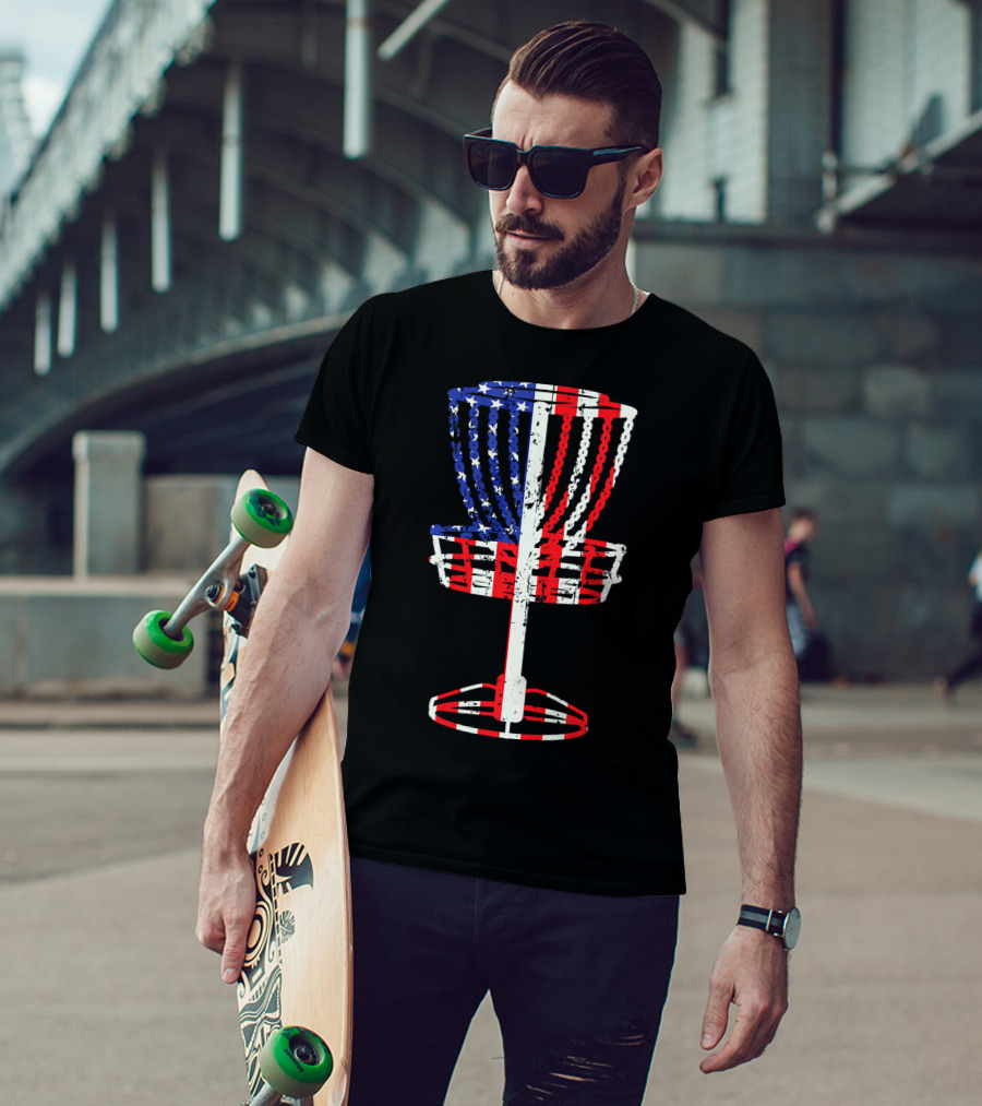 Patriotic USA Disc Golf Basket American Flag Frisbee Golfing T-Shirt