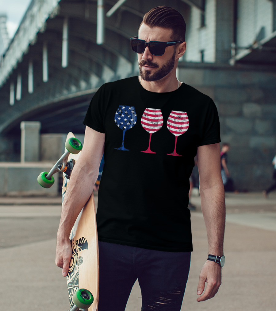 American Flag Wine Glass Trio T-Shirt