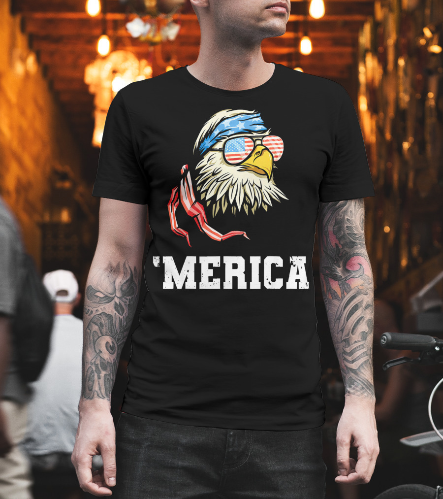 'Merica Patriotic Eagle American Flag Bandana and Sunglasses T-Shirt