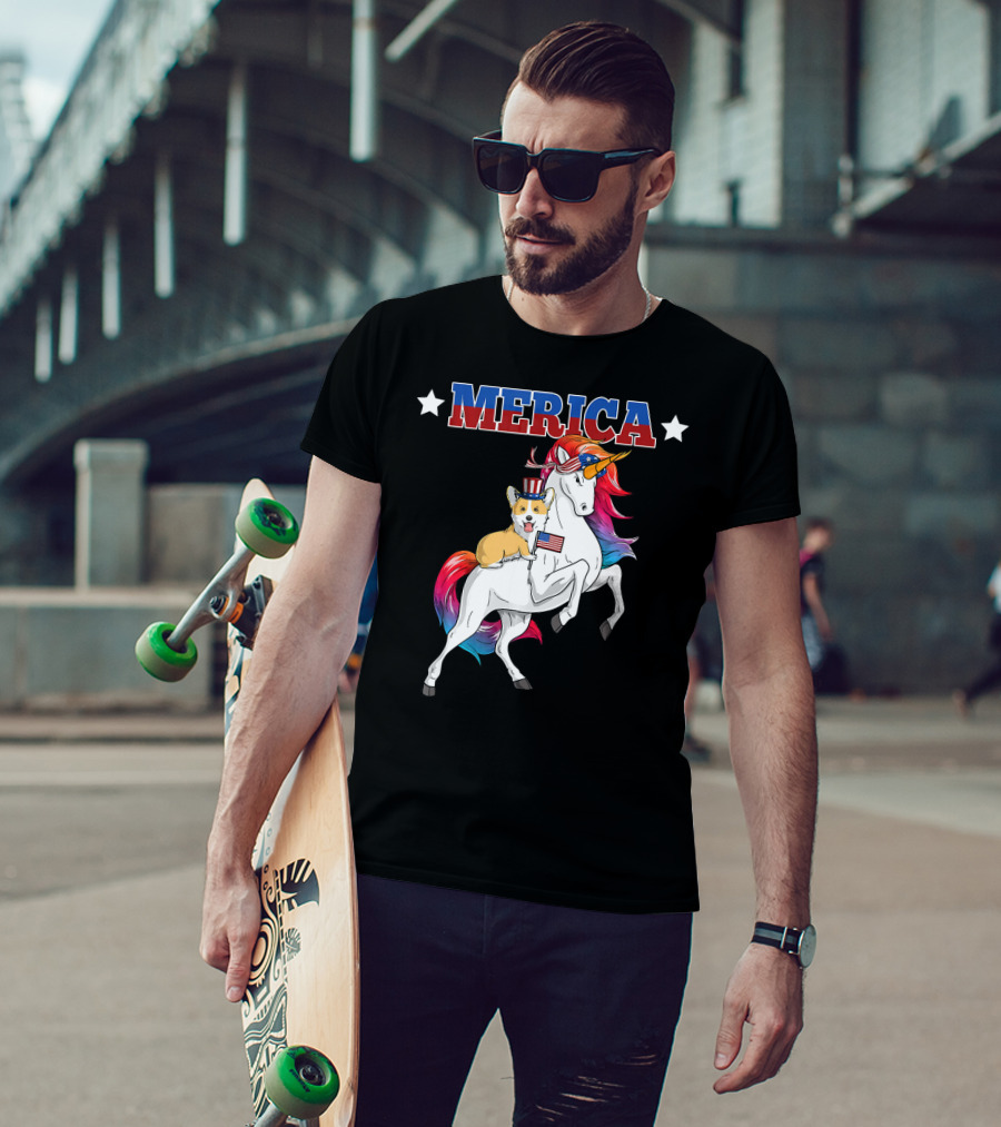 MERICA Corgi Dog Riding Unicorn With American Flag USA T-Shirt