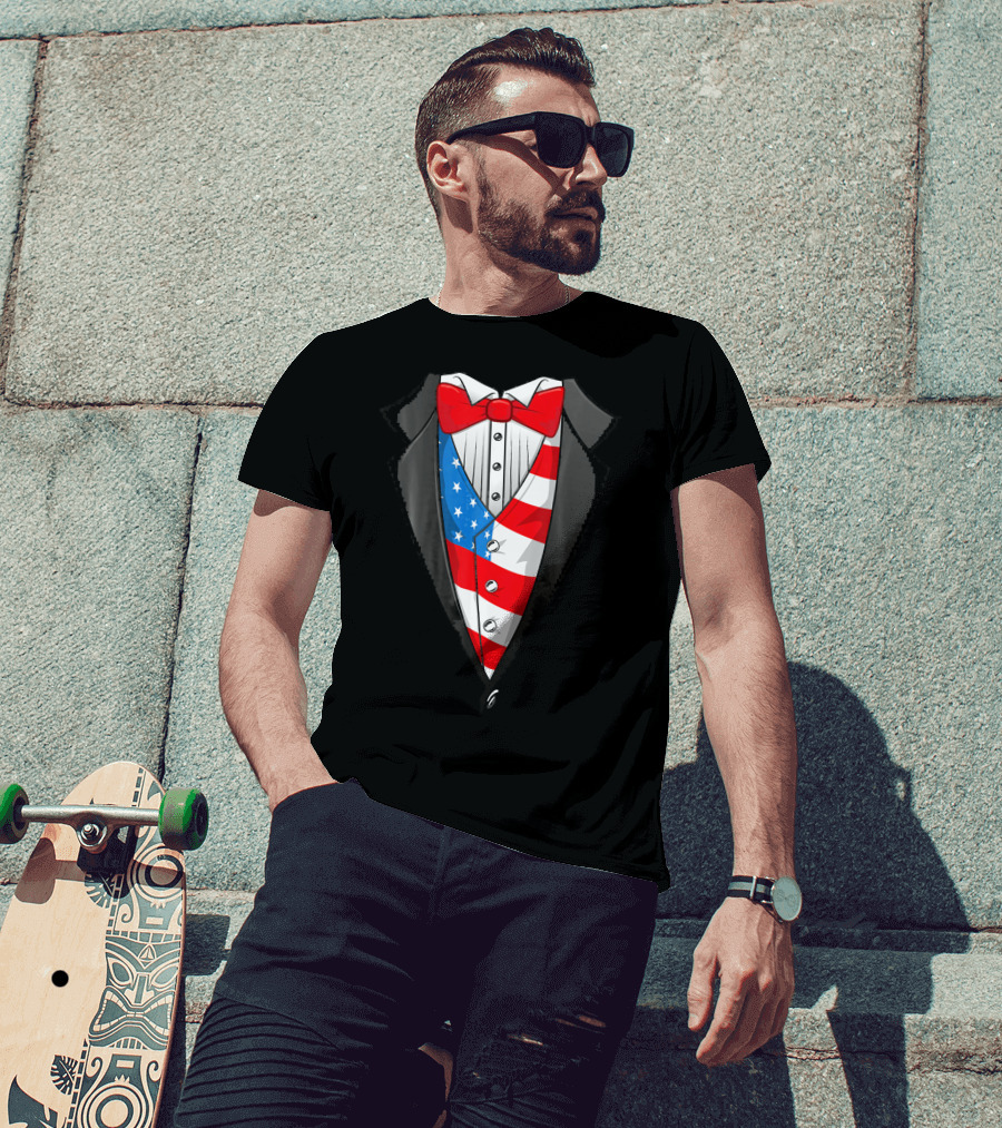 4th Of July American Flag Tuxedo Patriot Bow Tie T-Shirt