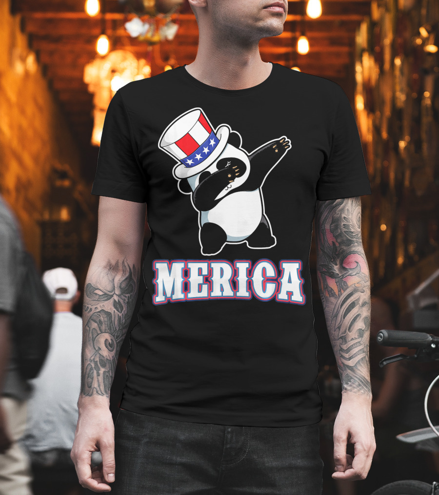 Merica Dabbing Panda In American Flag Top Hat T-Shirt