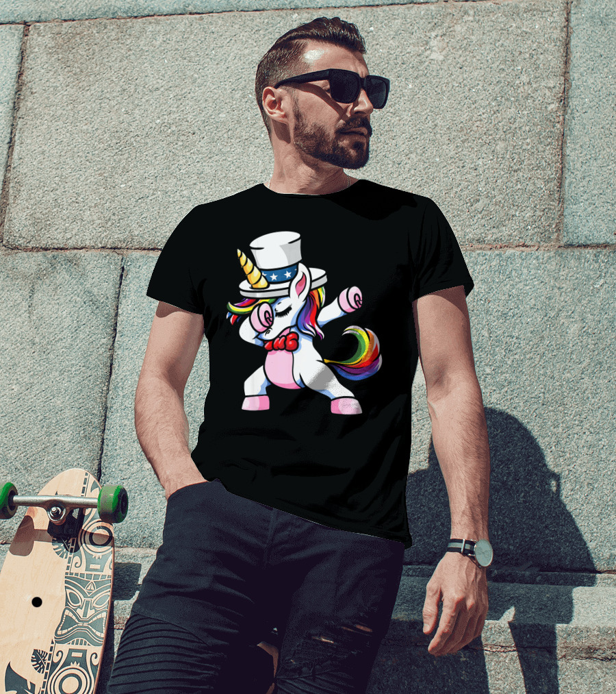 Girls Dabbing Unicorn With Patriotic American Hat T-Shirt