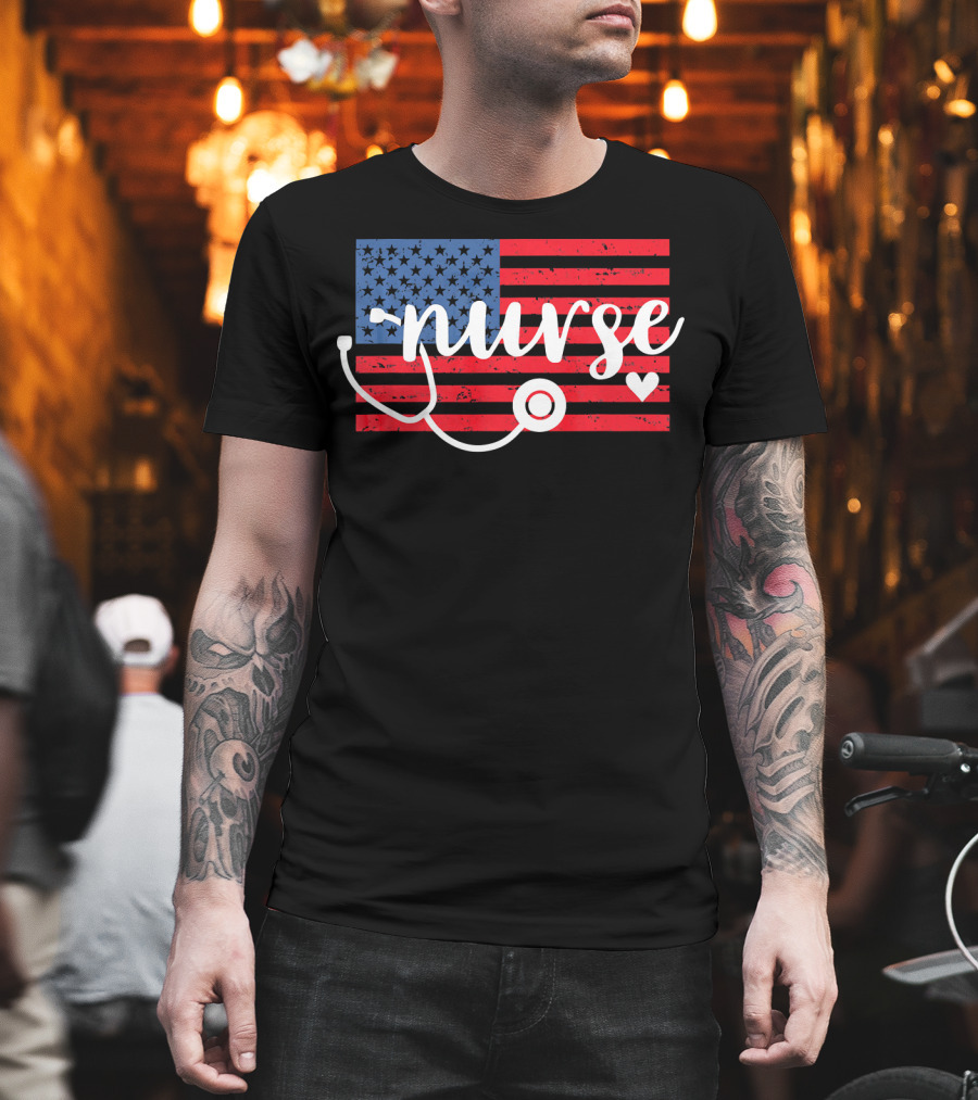 Nurse American Flag with Stethoscope and Heart T-Shirt