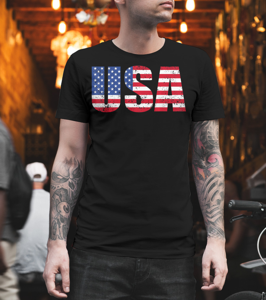 USA Flag American Patriotic Stars and Stripes Bold Lettering T-Shirt