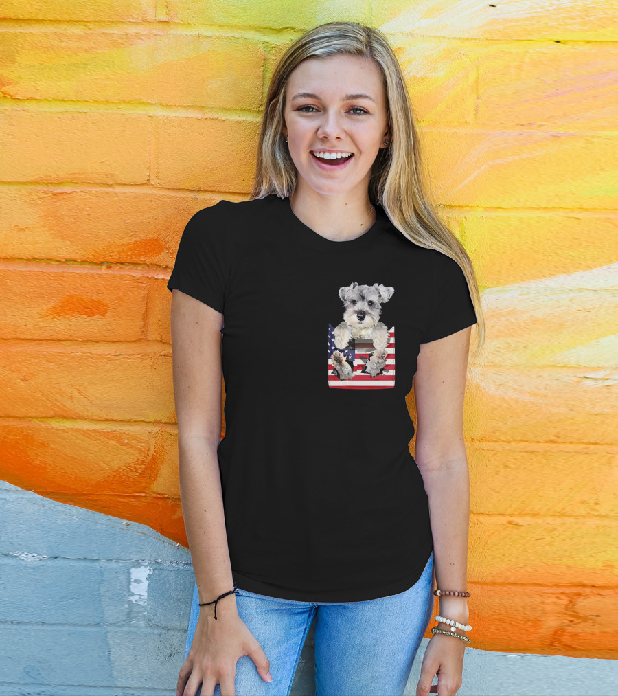 Schnauzer Dog In Pocket With American Flag T-Shirt