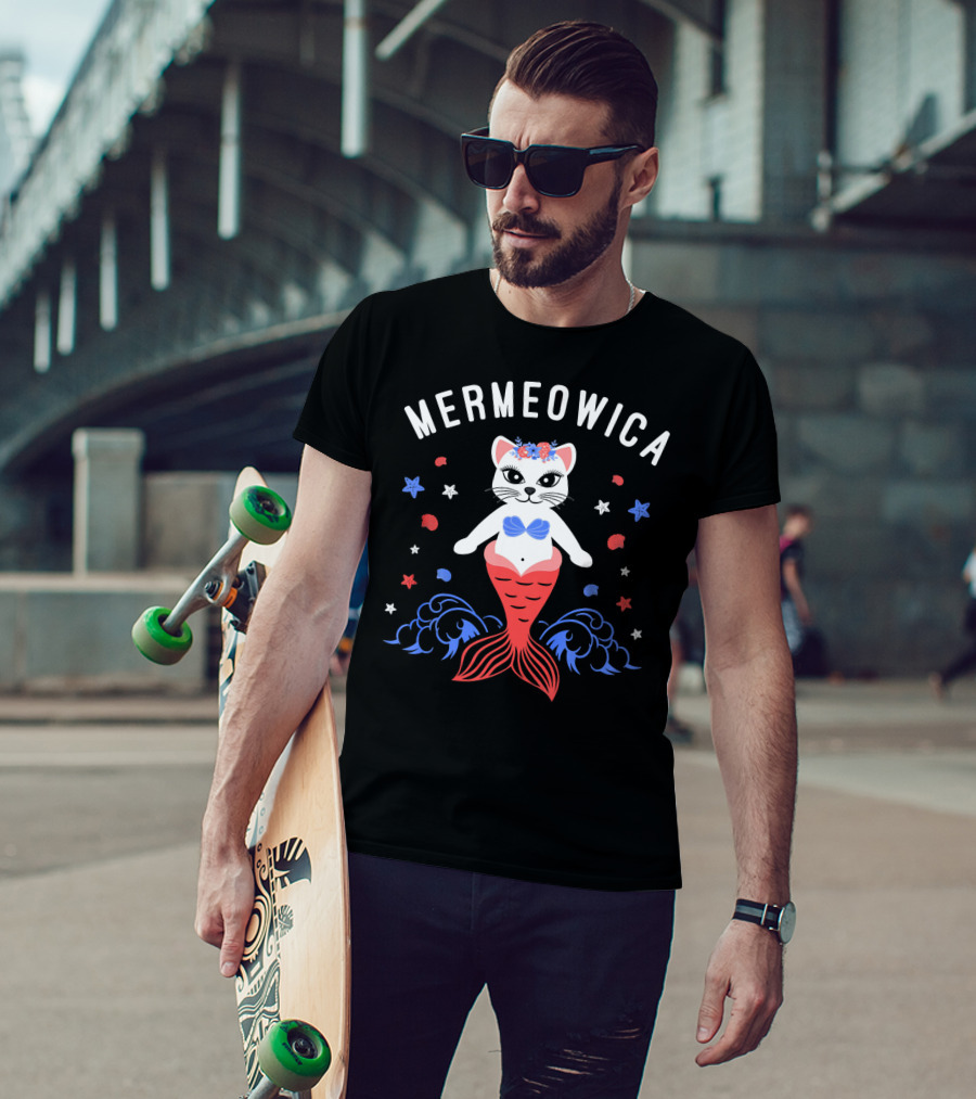 Mermeowica Patriotic Cat Mermaid With Flowers And Stars T-Shirt
