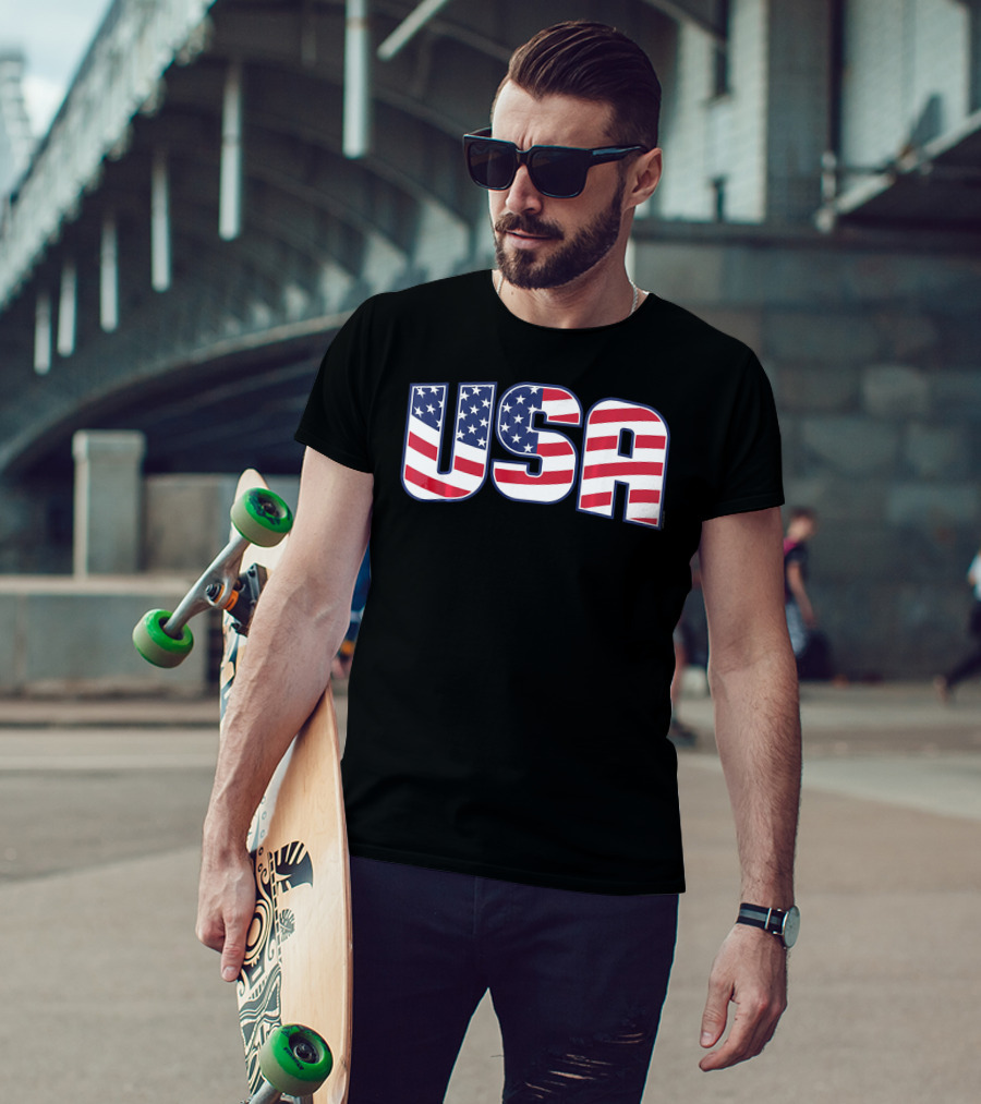 USA Flag Stars And Stripes Lettering T-Shirt