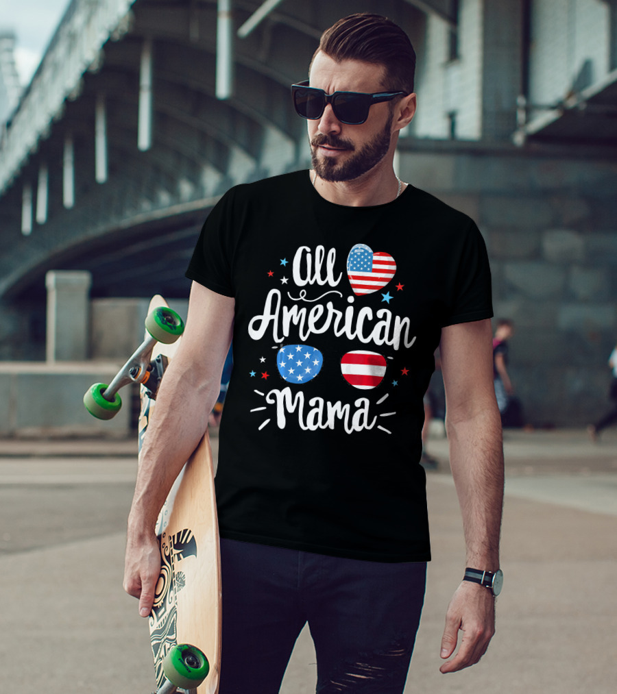 All American Mama Heart And Sunglasses With Flag Elements T-Shirt