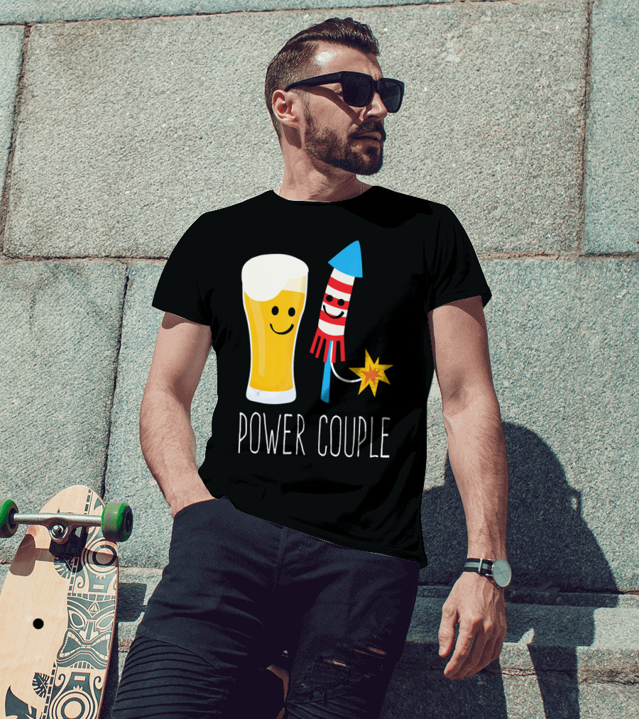 Beer And Fireworks Power Couple Smiling Glass And Rocket T-Shirt
