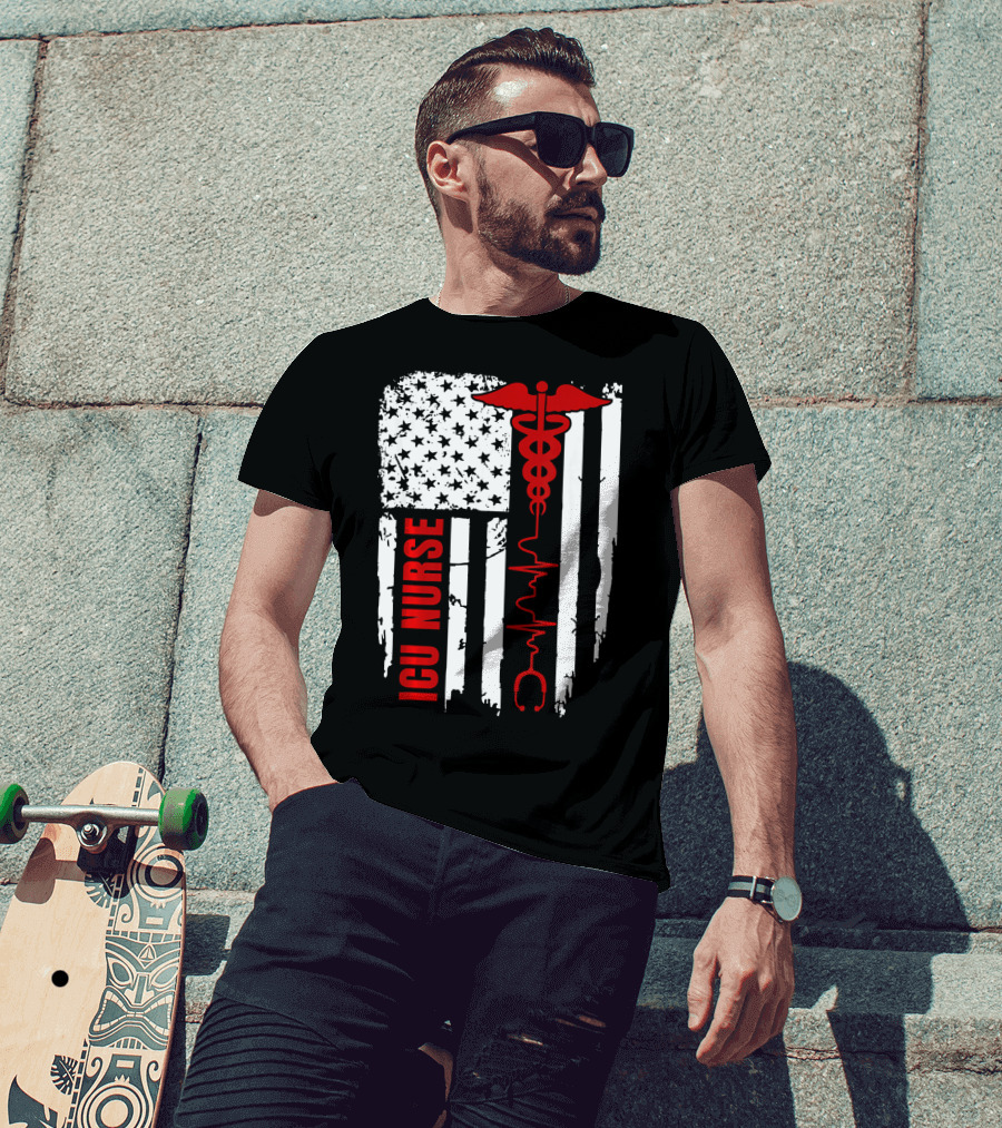 ICU Nurse American Flag Caduceus Heartbeat T-Shirt