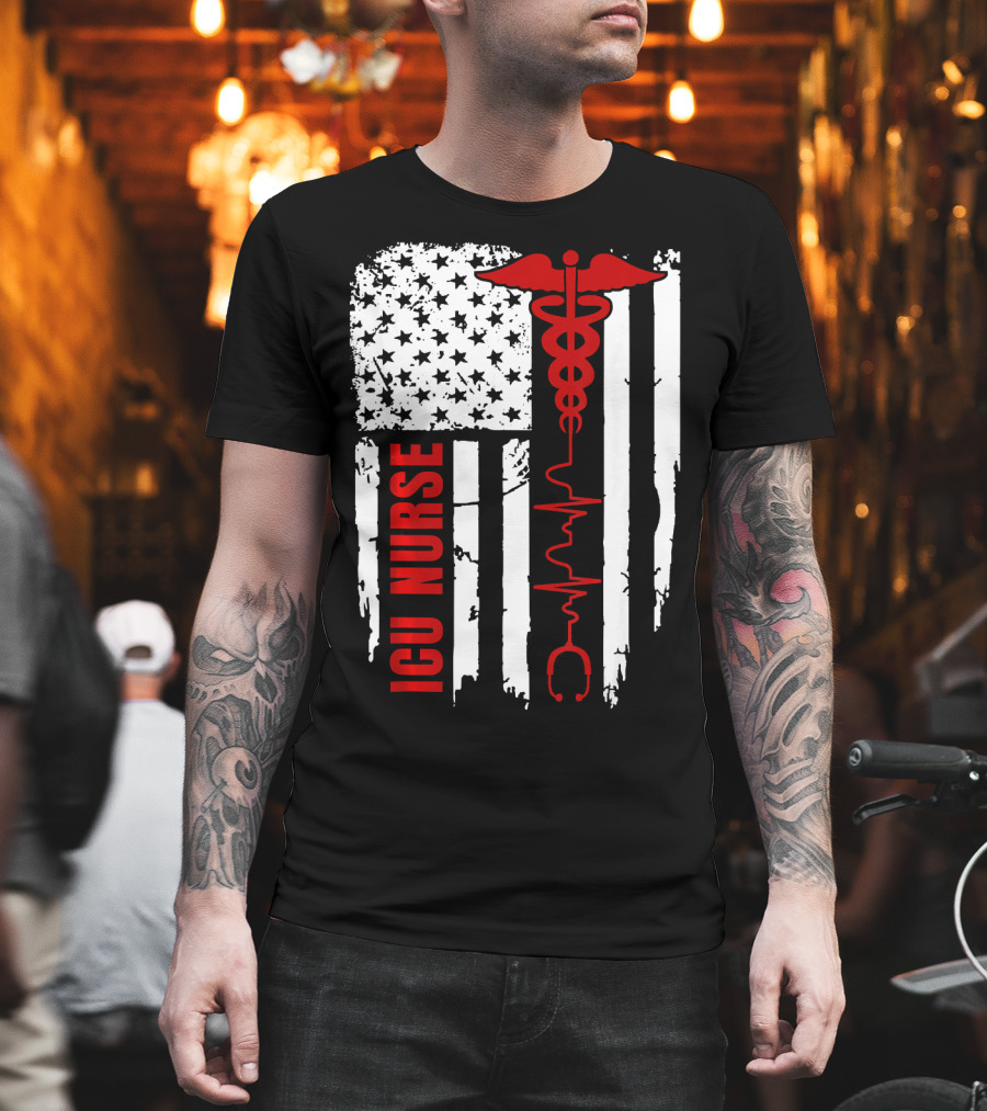 ICU Nurse American Flag Caduceus Heartbeat T-Shirt