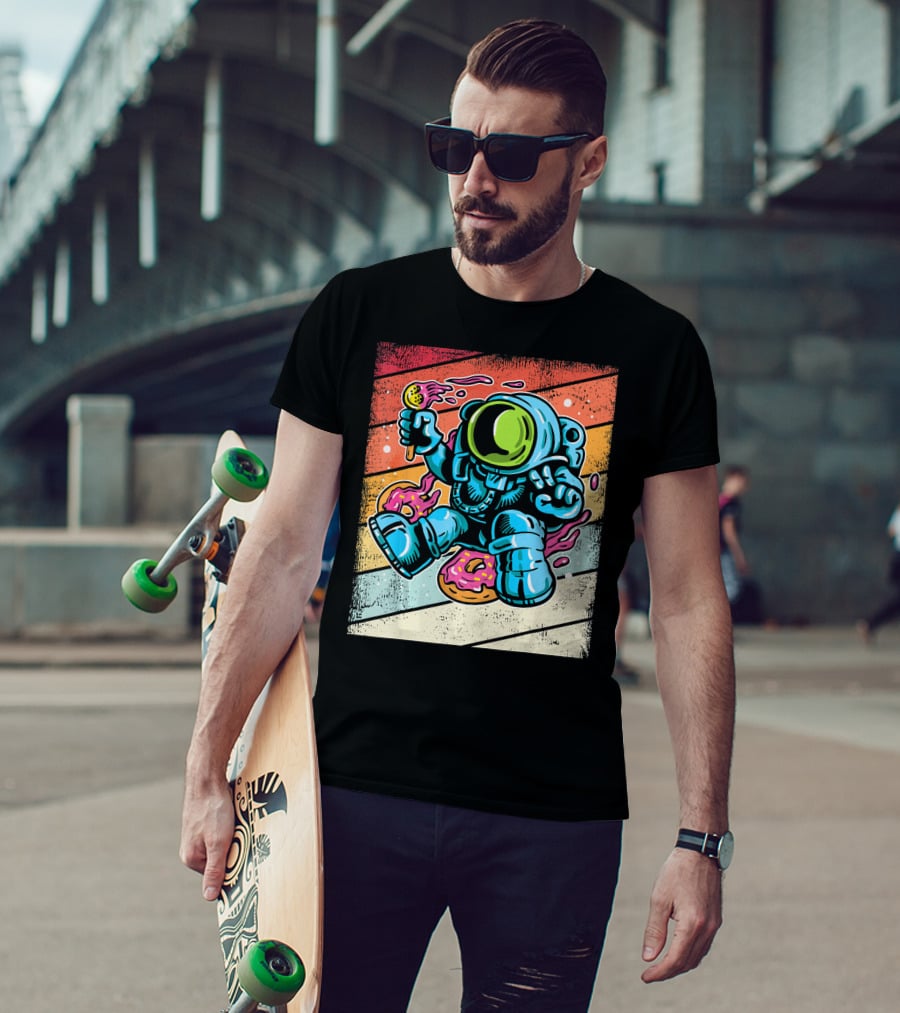 Astronaut Enjoying Ice Cream And Donuts In Retro Space Suit On Colorful T-Shirt