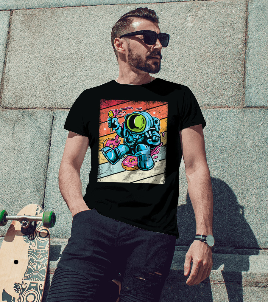Astronaut Enjoying Ice Cream And Donuts In Retro Space Suit On Colorful T-Shirt